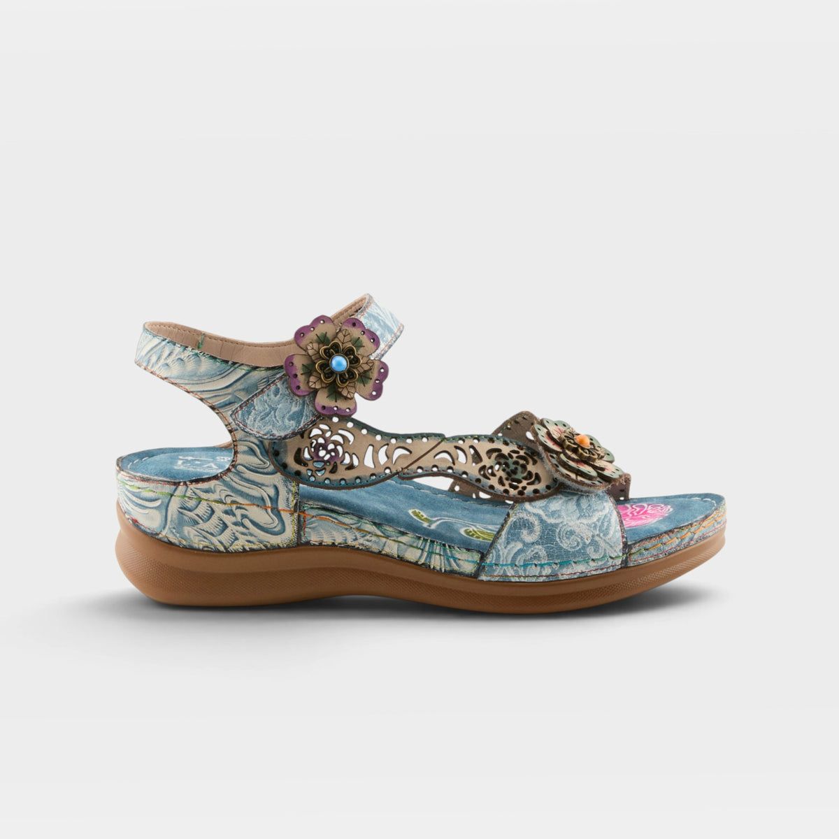 L'Artiste Script Hand-Painted Leather Backstrap Sandals | Blue Multi