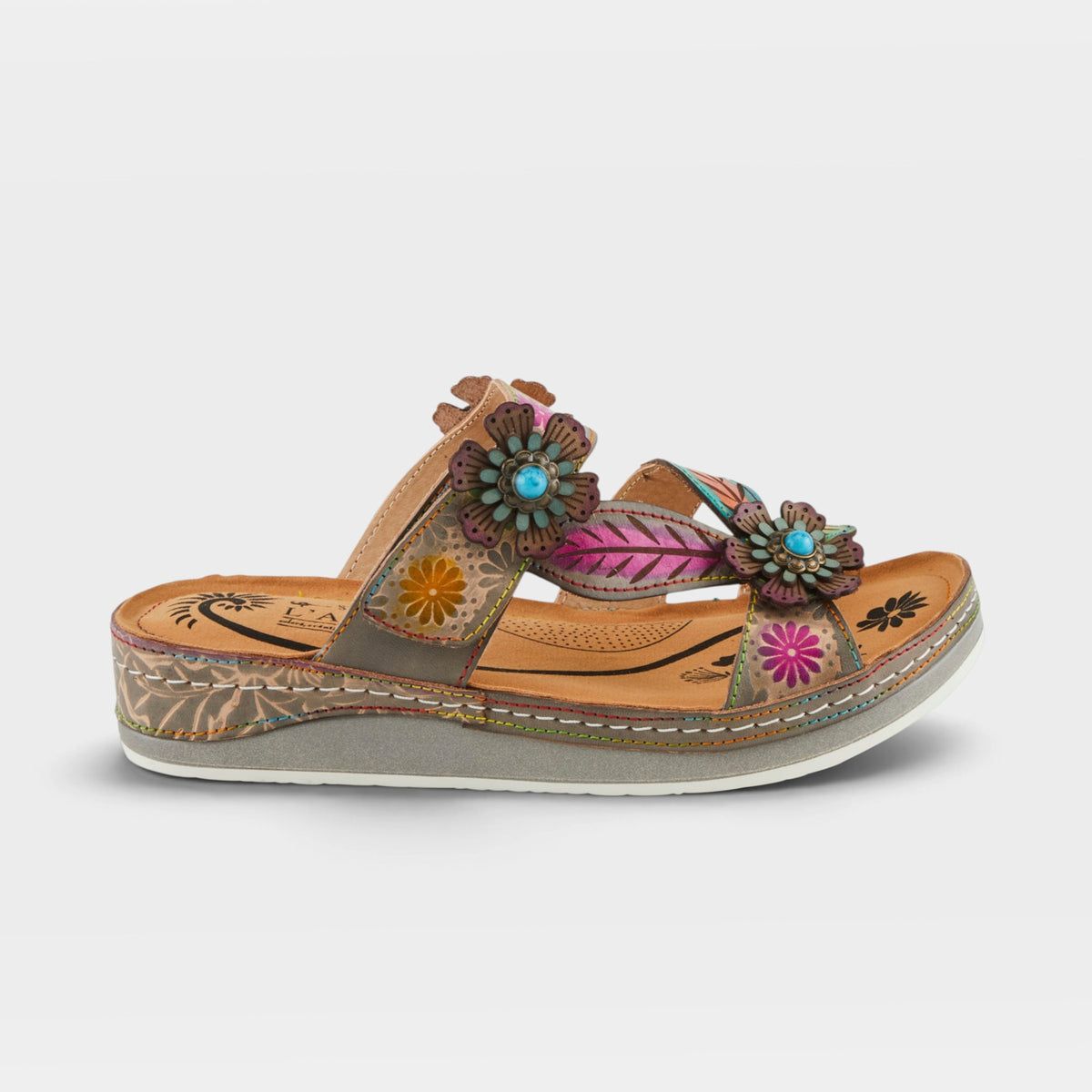 L'Artiste Pillow-Soft Hand-Painted Leather Sandals | Grey Multi