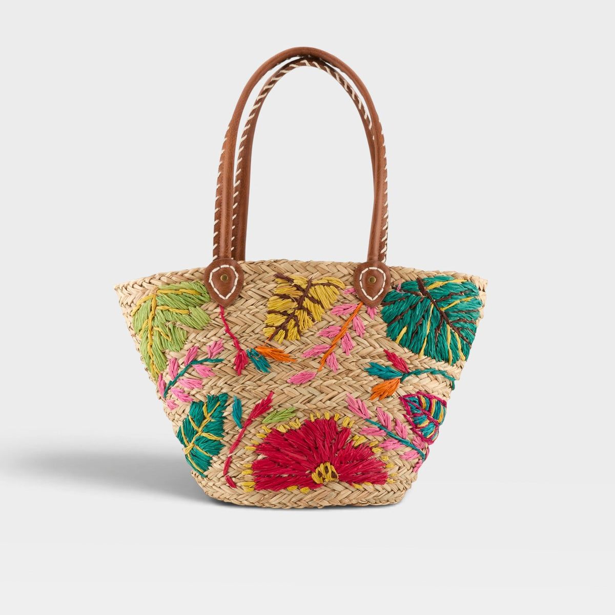 SIESTA STRAW TOTE BAG W/EMBROIDERED RAFFIA FLOWERS