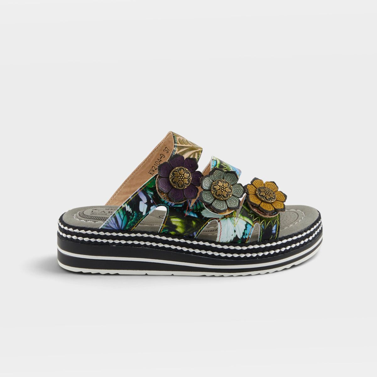 L'Artiste Naomi Monarch Hand-Painted Leather Slide Sandals | Olive Multi