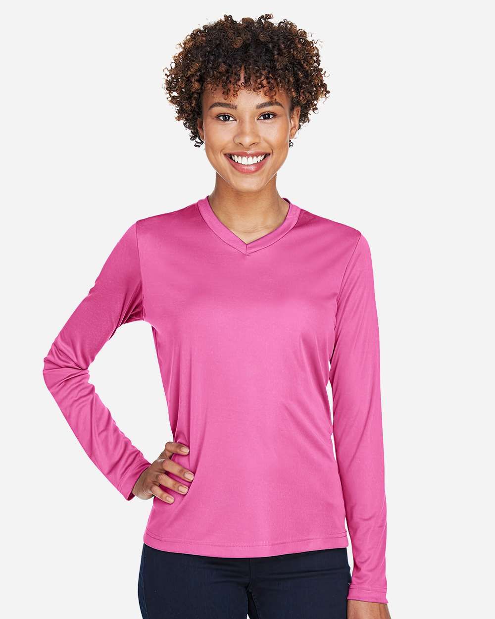 TT11WL WOMEN'S PERFORMANCE LONG SLEEVE V-NECK T-SHIRT-SPORT CHARITY PINK