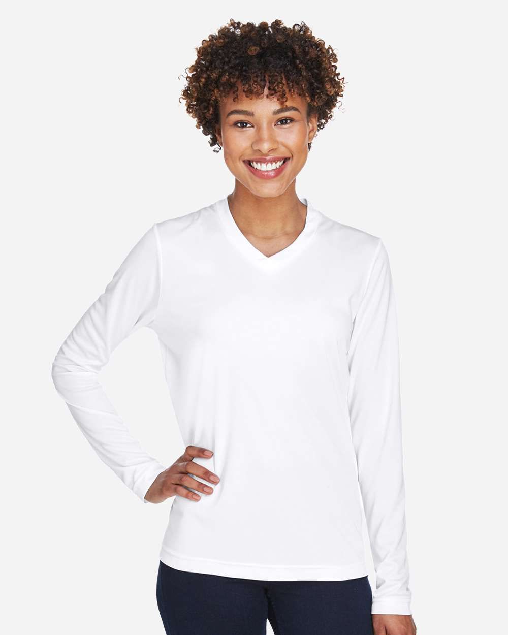 TT11WL WOMEN'S PERFORMANCE LONG SLEEVE V-NECK T-SHIRT-WHITE
