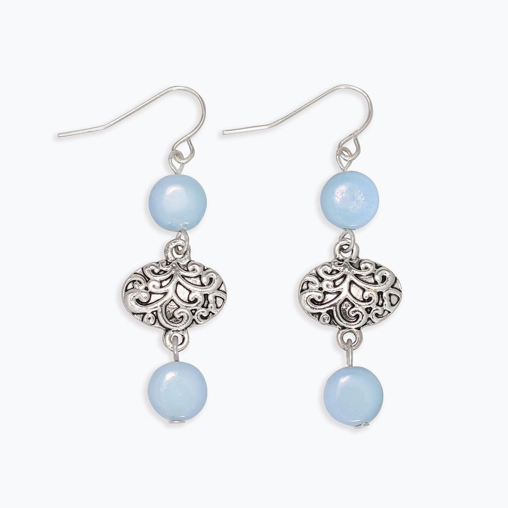 EARRINGS - BLUE &amp; SILVER FILIGREE DANGLE