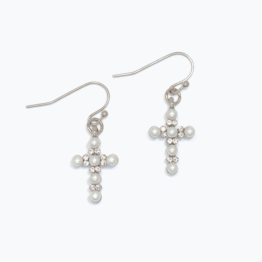 EARRINGS - SILVER CROSS WITH PEARLS #1257