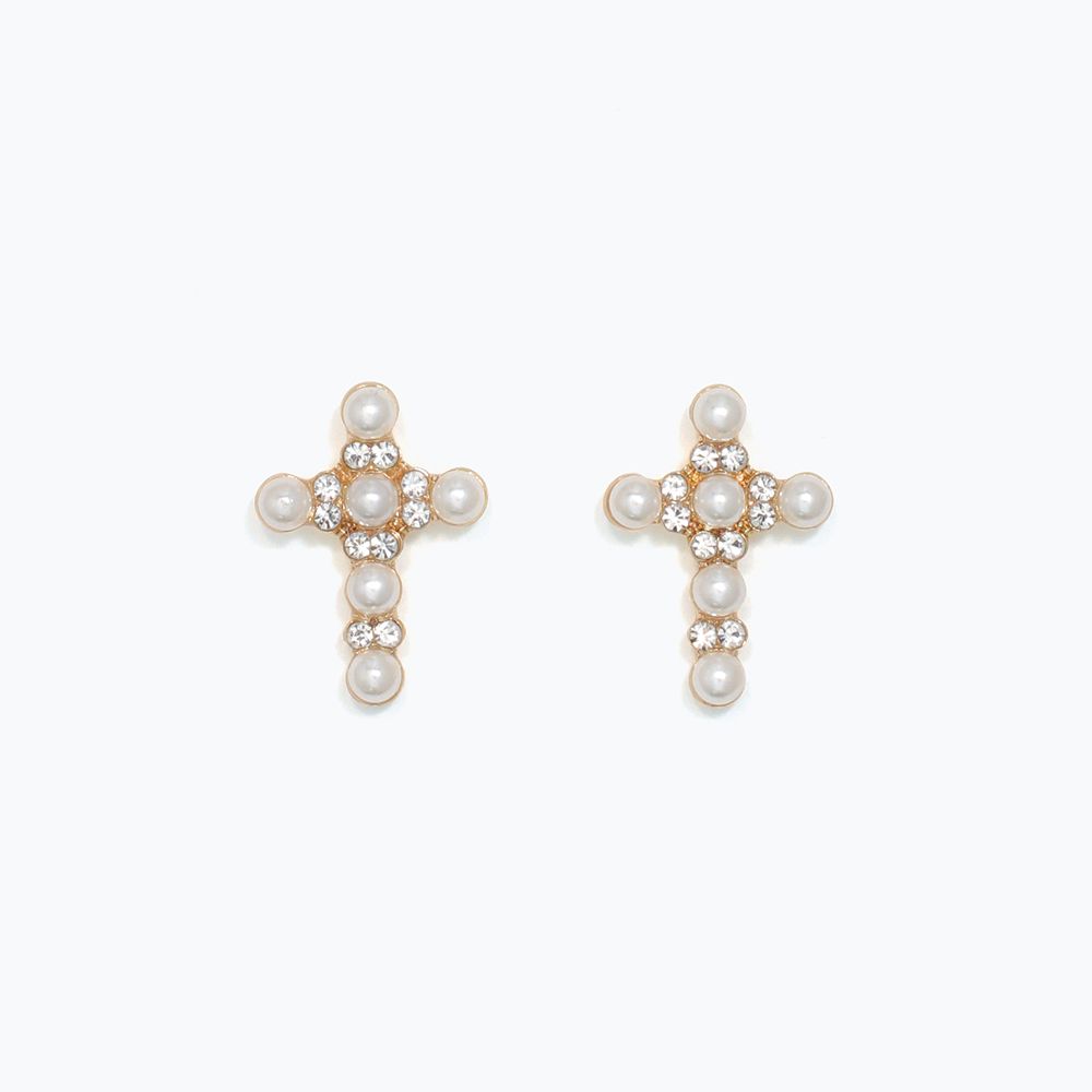 EARRINGS - GOLD CROSS WITH PEARLS