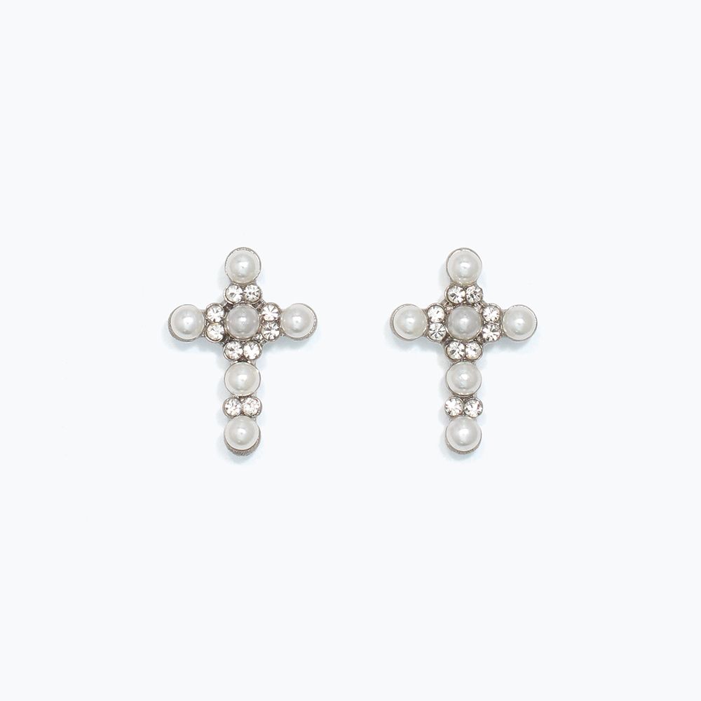 EARRINGS - SILVER CROSS WITH PEARLS #1255