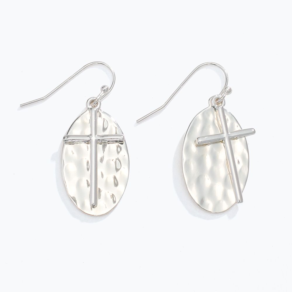EARRINGS - HAMMERED SILVER WITH CROSS