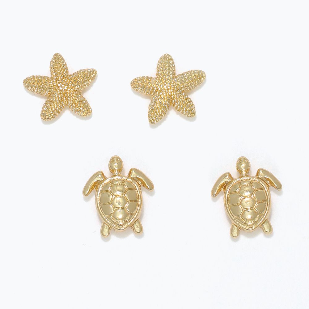 EARRINGS - GOLD STARFISH &amp; TURTLE