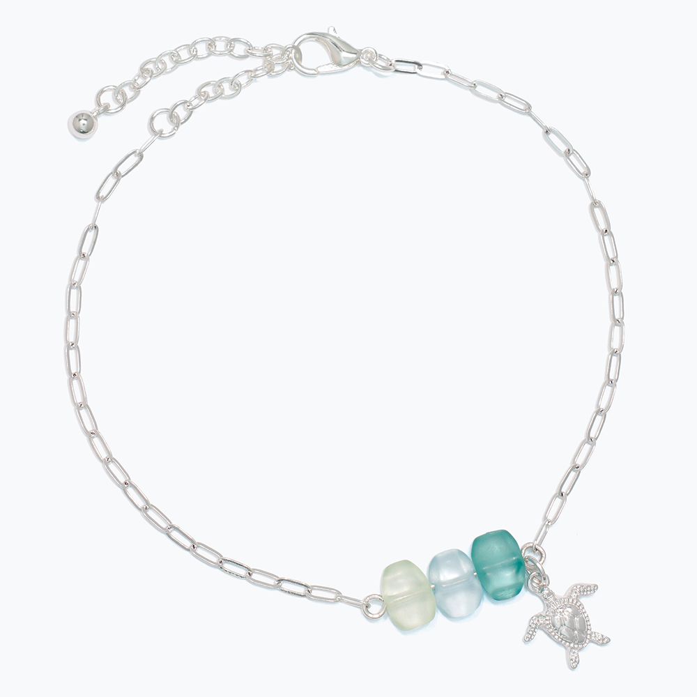 ANKLET - GREEN SEAGLASS WITH SILVER TURT