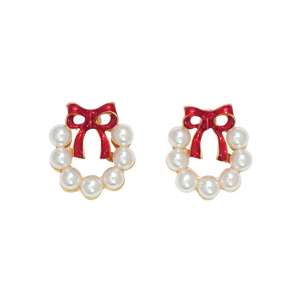 EARRINGS - PEARL WREATH WITH RED BOW