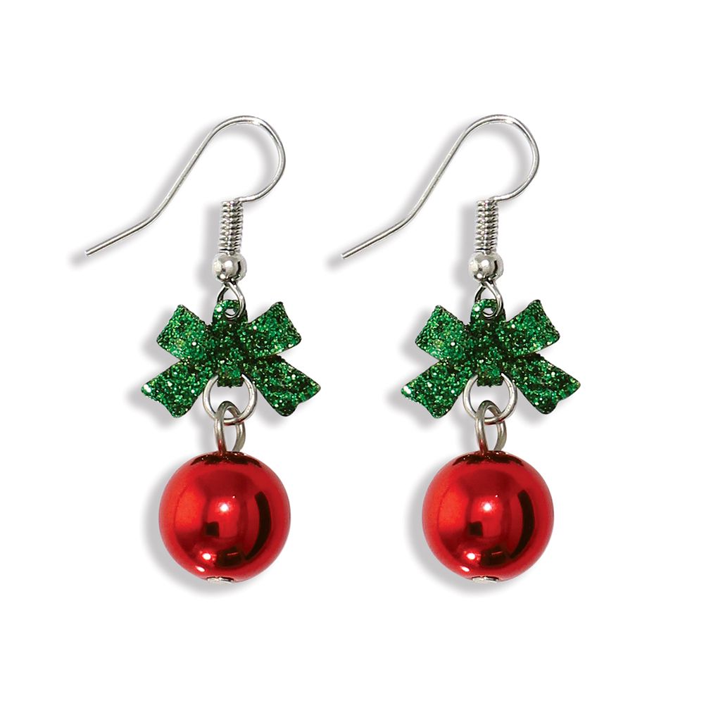 EARRINGS - GREEN BOW RED ORNAMENT