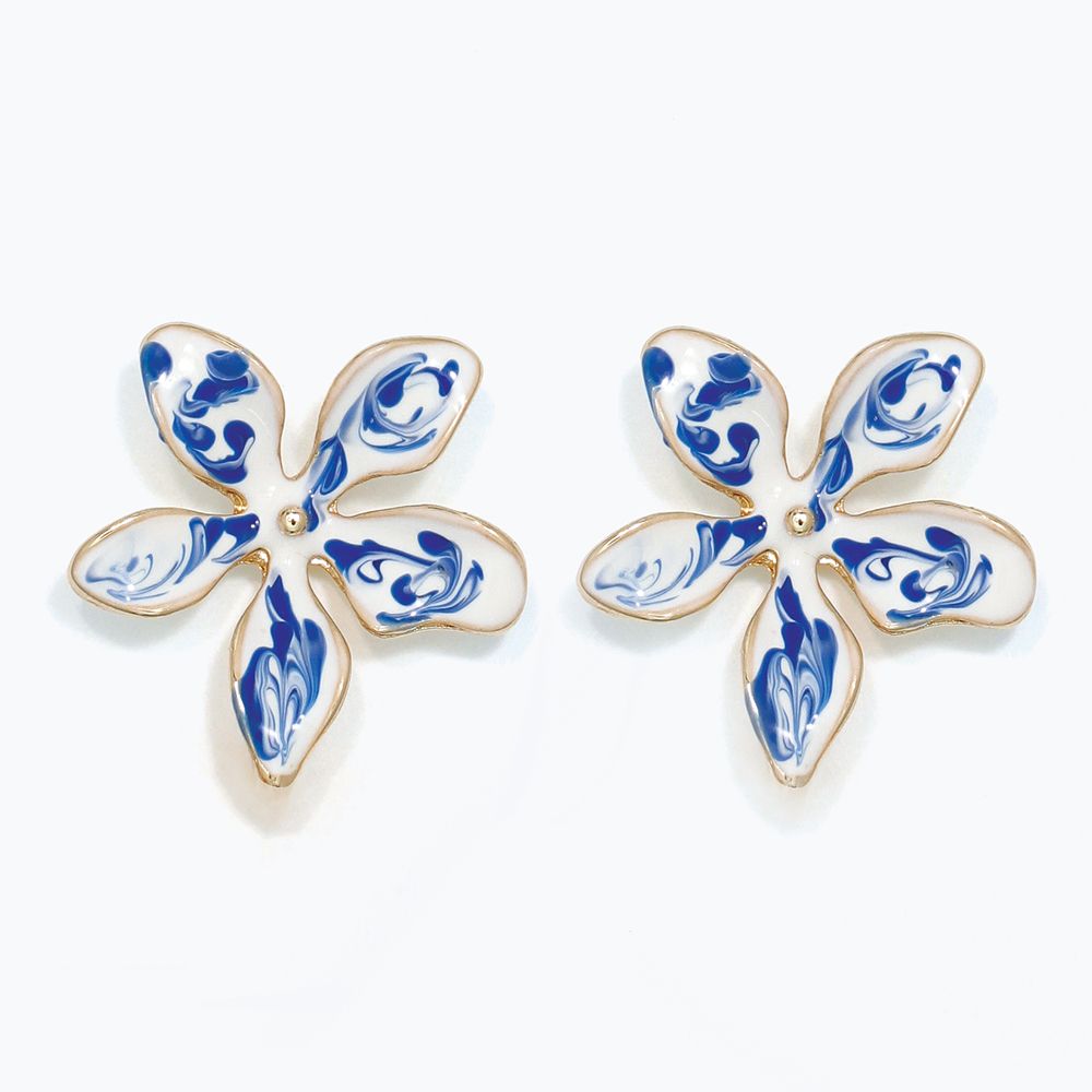 EARRINGS - BLUE &amp; WHITE ENAMEL FLOWER