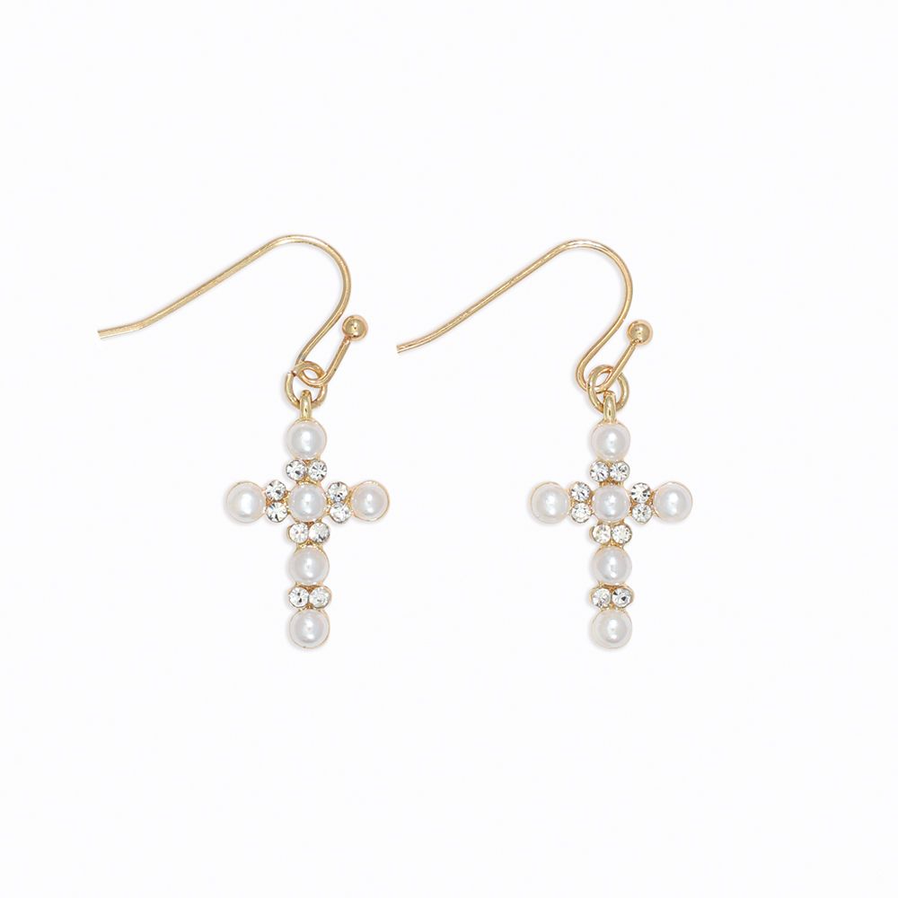 EARRINGS - PEARL AND CRYSTAL CROSSES