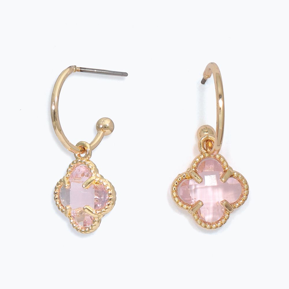 EARRINGS - HOOP WITH PINK CRYSTAL CLOVER