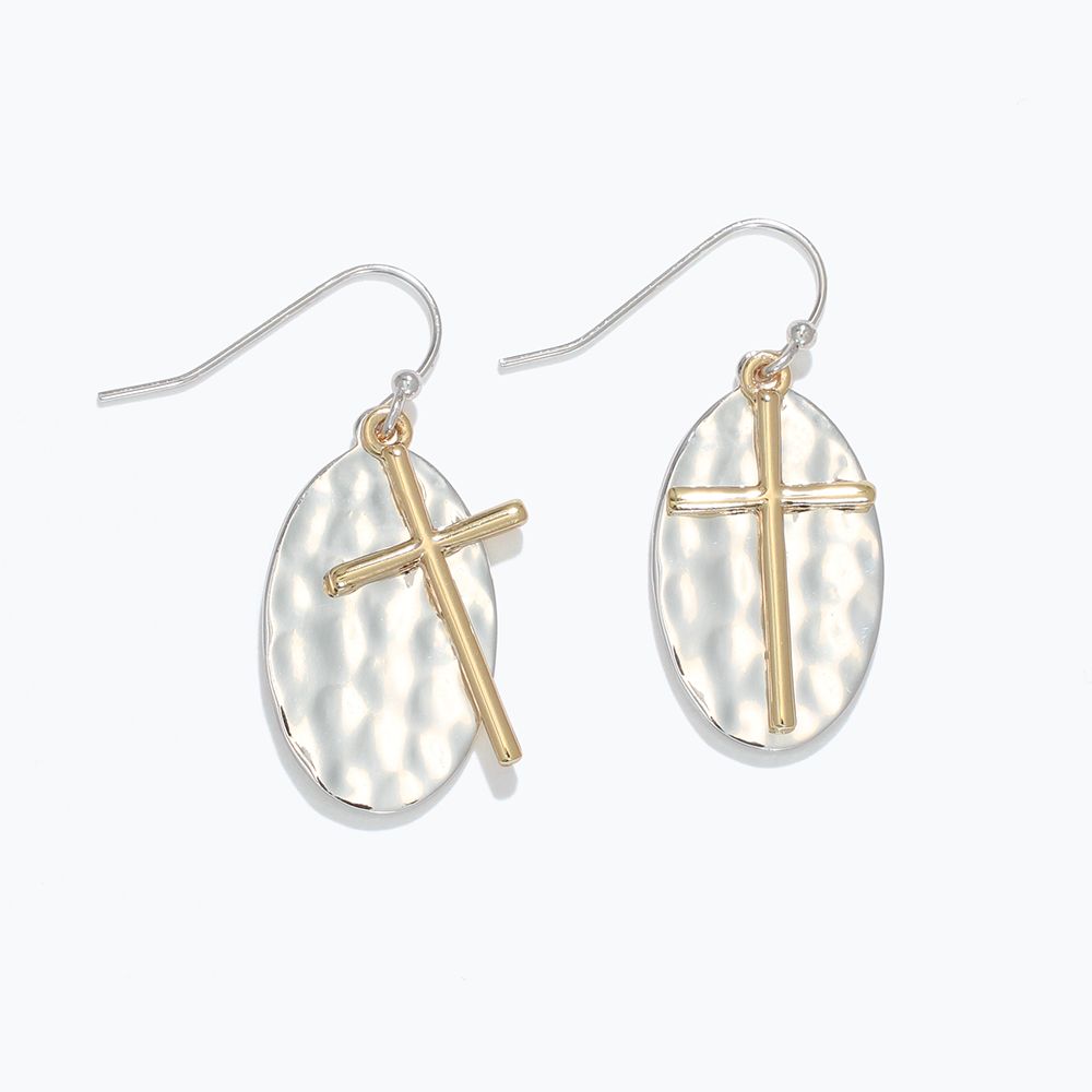 EARRINGS - HAMMERED TWO TONE WITH CROSS