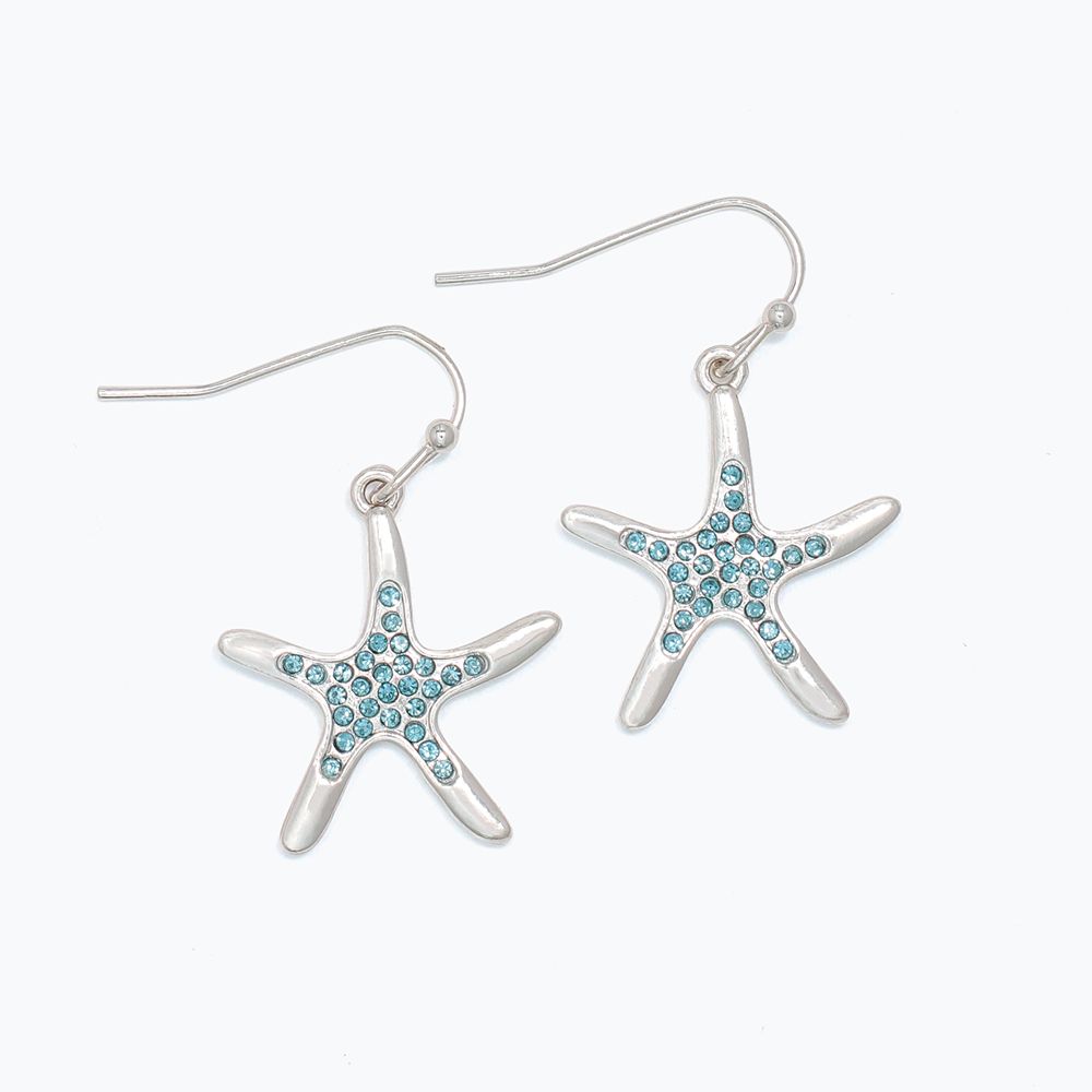 EARRINGS - SILVER STARFISH WITH AQUA CRYST