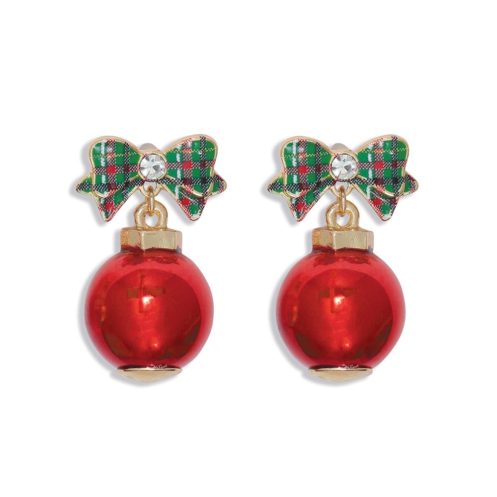 EARRINGS - PLAID BOW WITH RED BALL