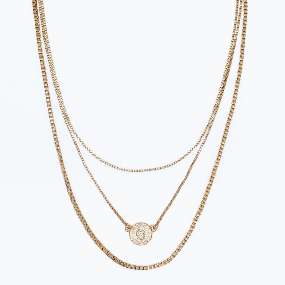 NECKLACE - 3 BOX CHAINS WITH RADIAL GOLD