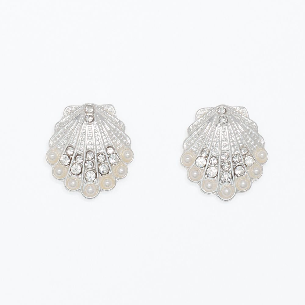 EARRINGS - SILVER SHELL WITH CRYSTAL &amp; PEA