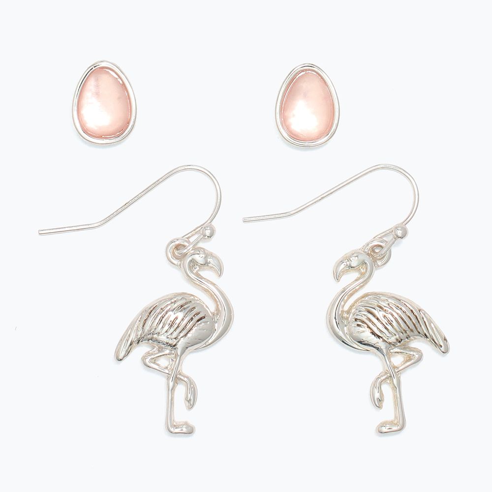 EARRINGS - DUO PINK WITH SILVER FLAMINGO