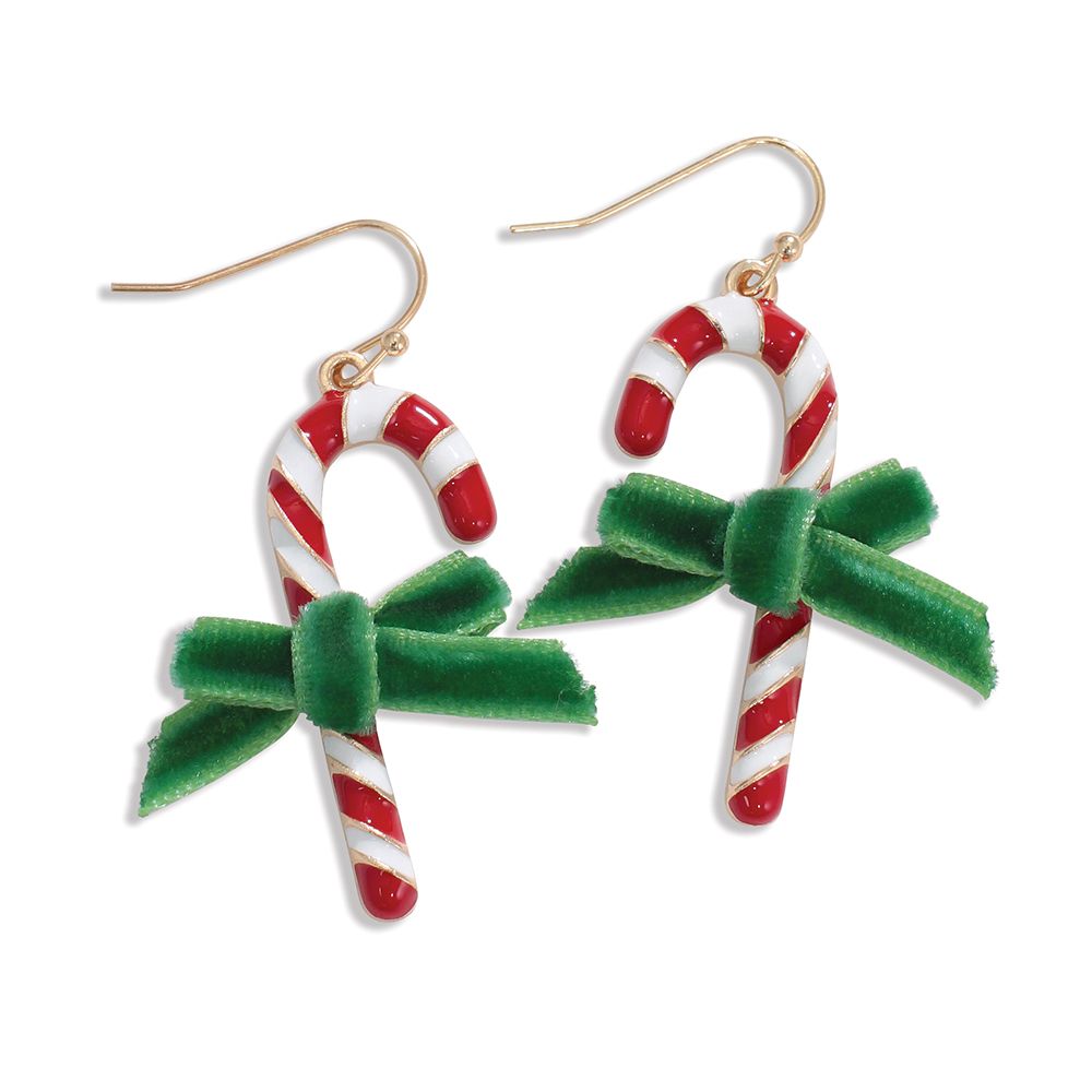 EARRINGS - CANDY CANES VELVET BOWS
