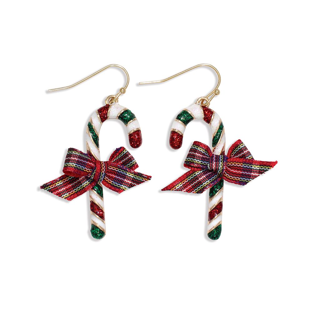 EARRINGS - CANDY CANE WITH PLAID BOW
