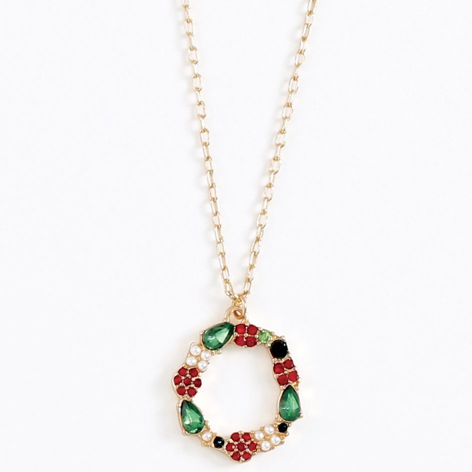 NECKLACE - GREEN &amp; RED HOLIDAY WREATH