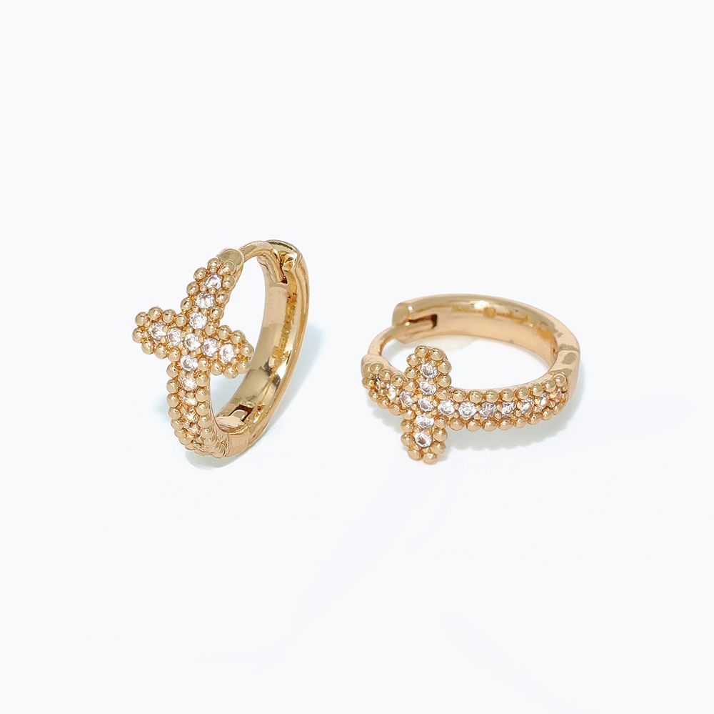 EARRINGS - GOLD CROSS HUGGIE WITH CZS