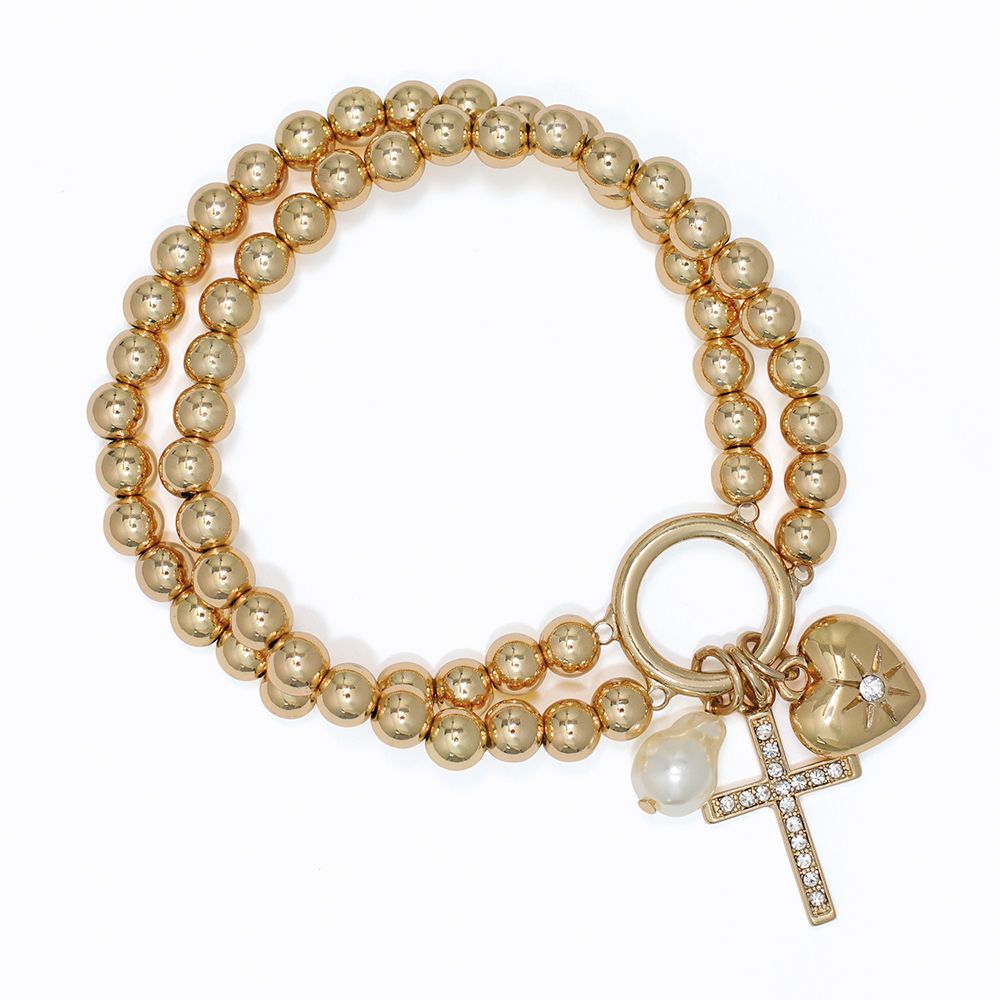 BRACELET - GOLD BEADS &amp; CRYS CROSS CHAR