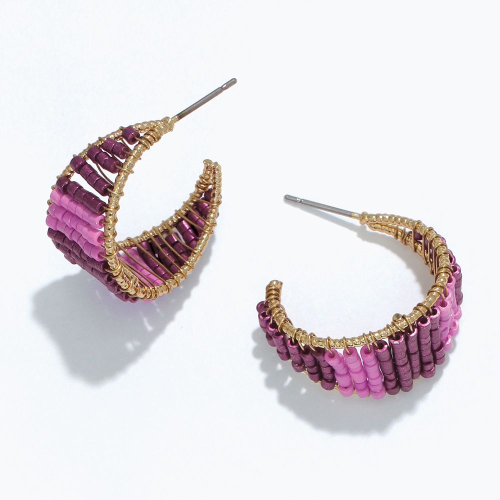 EARRINGS - PINK BEADED GOLD HOOPS