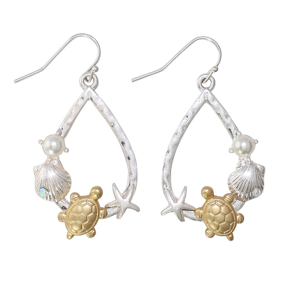 EARRINGS - SILVER TEARDROP WITH SHELLS &amp; TURTLES