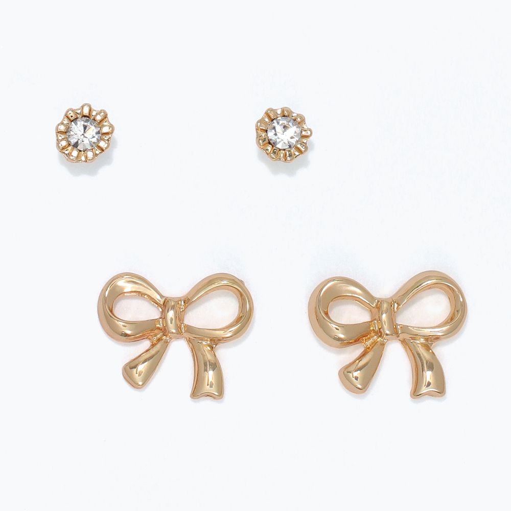 EARRINGS - GOLD BOW &amp; CRYSTAL STUD SET
