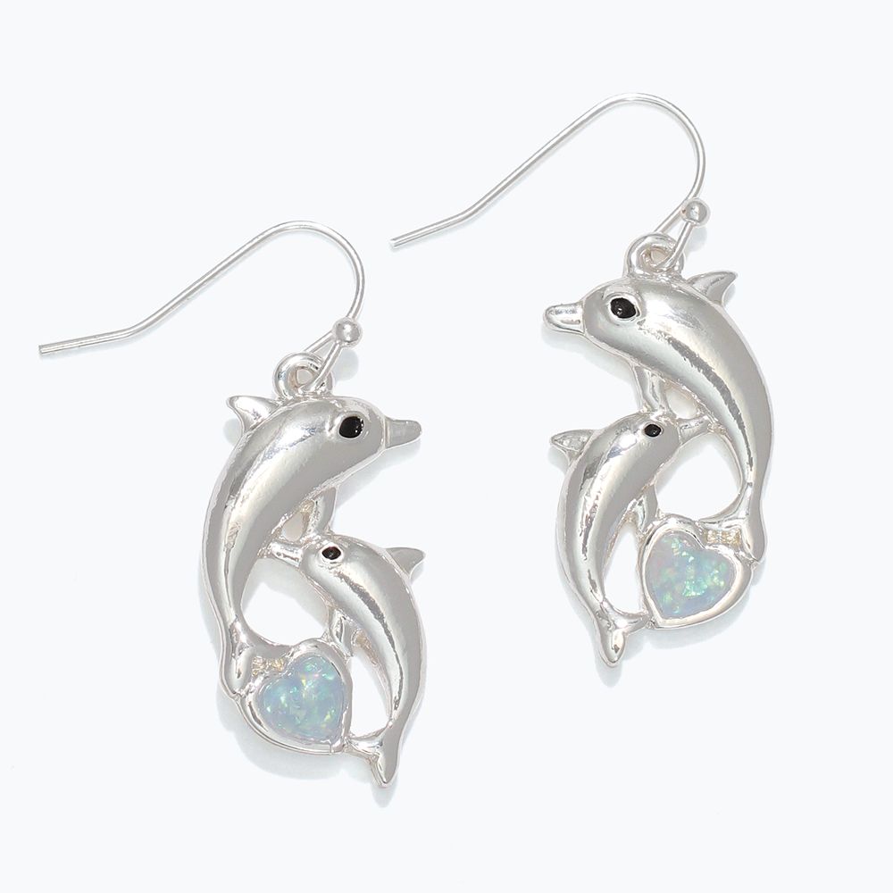 EARRINGS - SILVER DOLPHINS WITH HEART