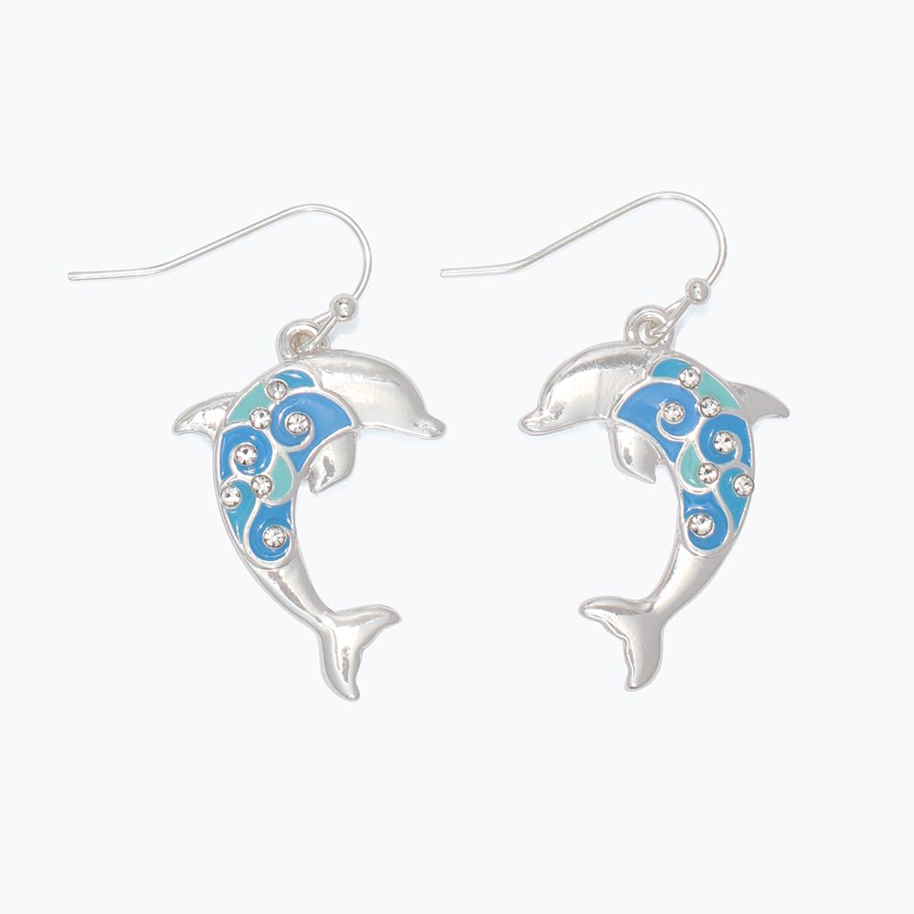 EARRINGS - BLUE ENAMEL SILVER DOLPHINS
