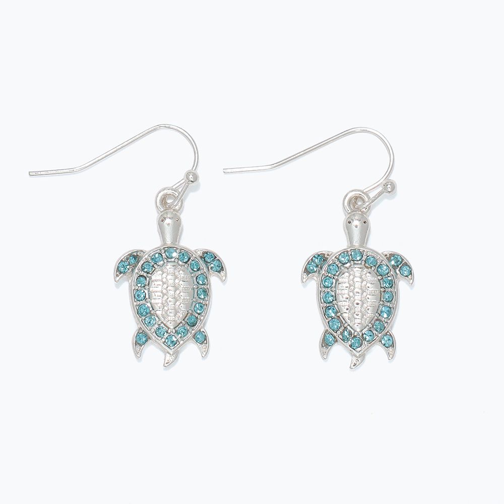 EARRINGS - AQUA CRYSTAL SILVER TURTLES