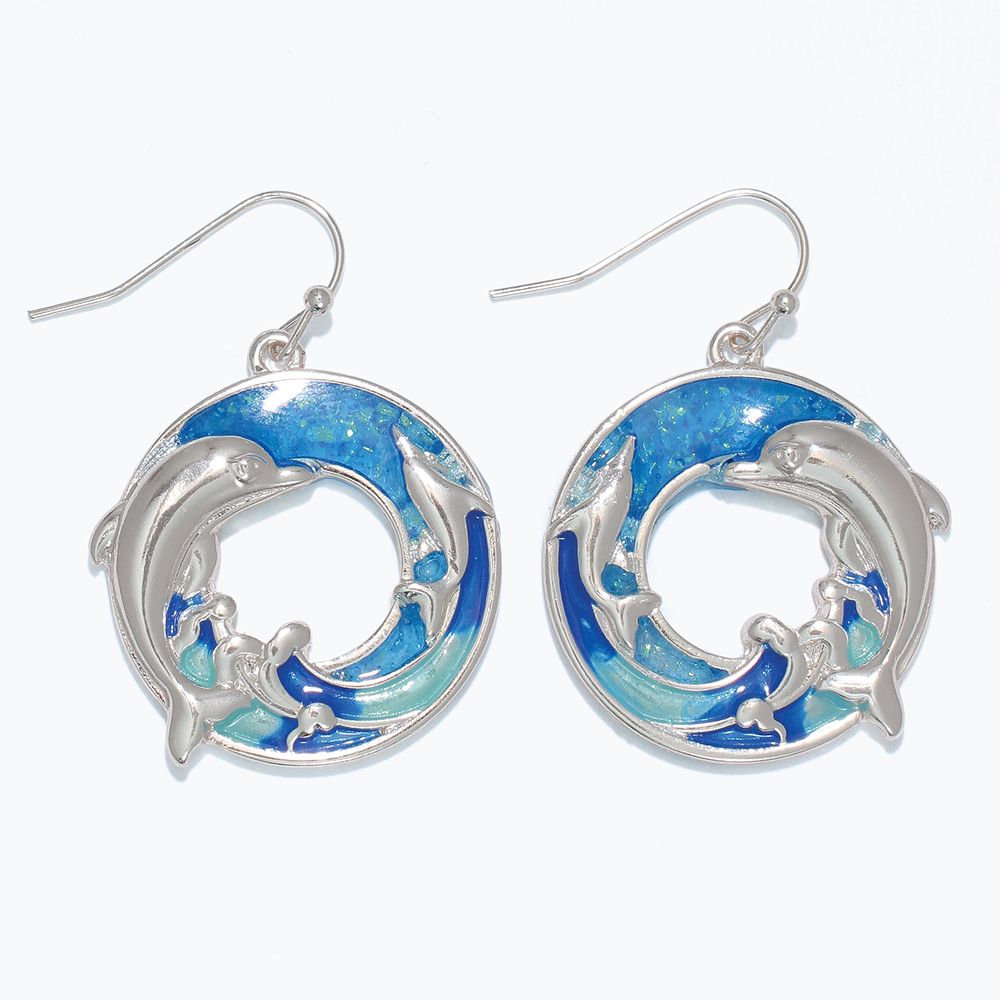EARRINGS - BLUE WAVE DOLPHIN CIRCLES