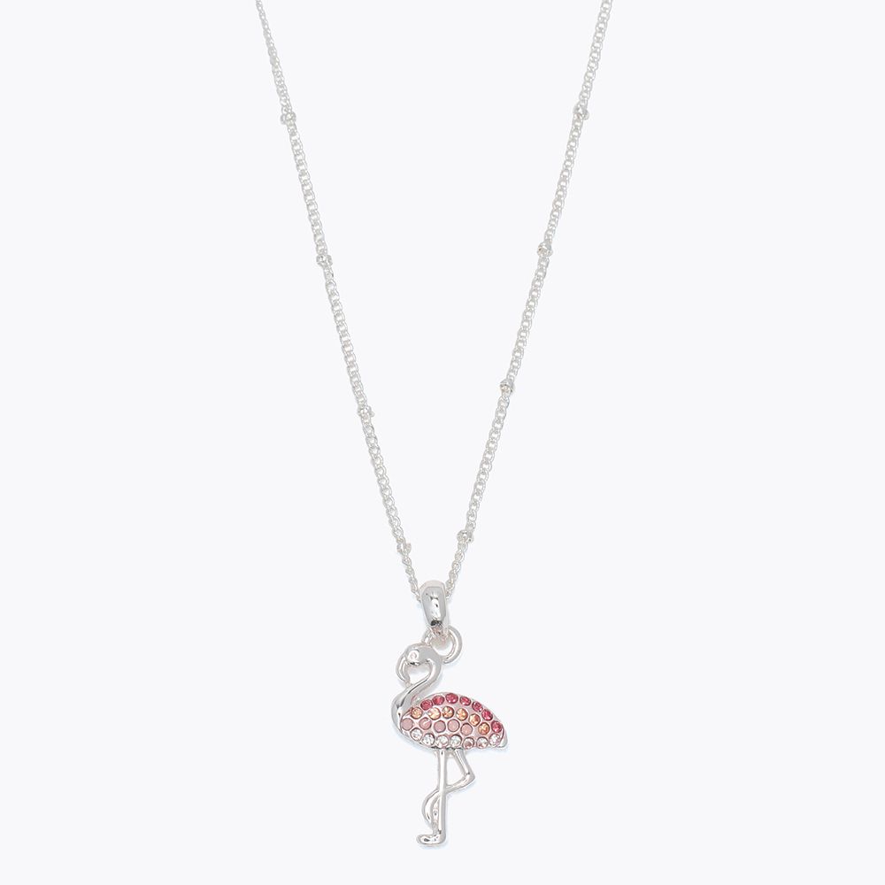NECKLACE - PINK CRYSTAL FLAMINGO IN SILVER