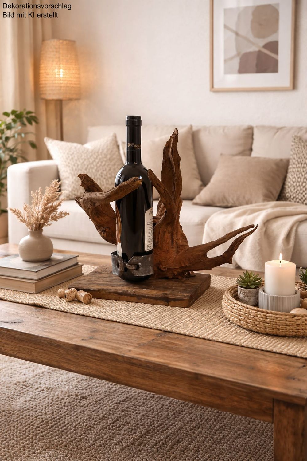 Handgemachter Weinhalter aus einer Fichtenwurzel auf einem rustikalen Altholzbrett