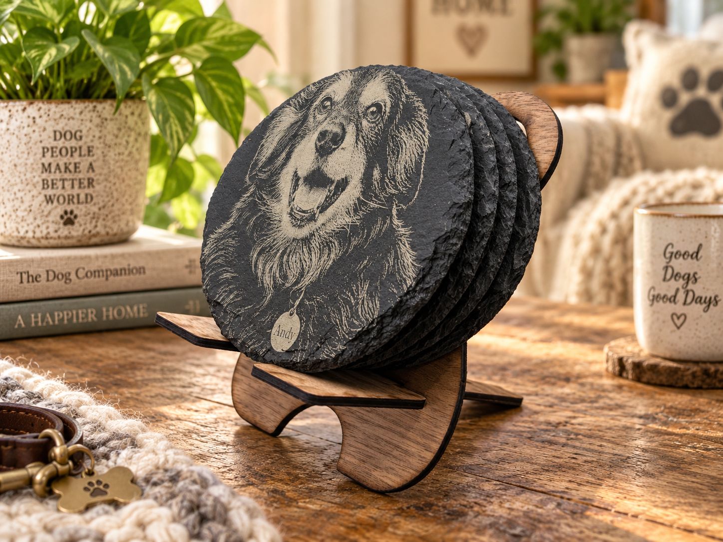 Pet Portrait Keepsake Custom 4 Slate Coaster Set, with stand &amp; gift bag