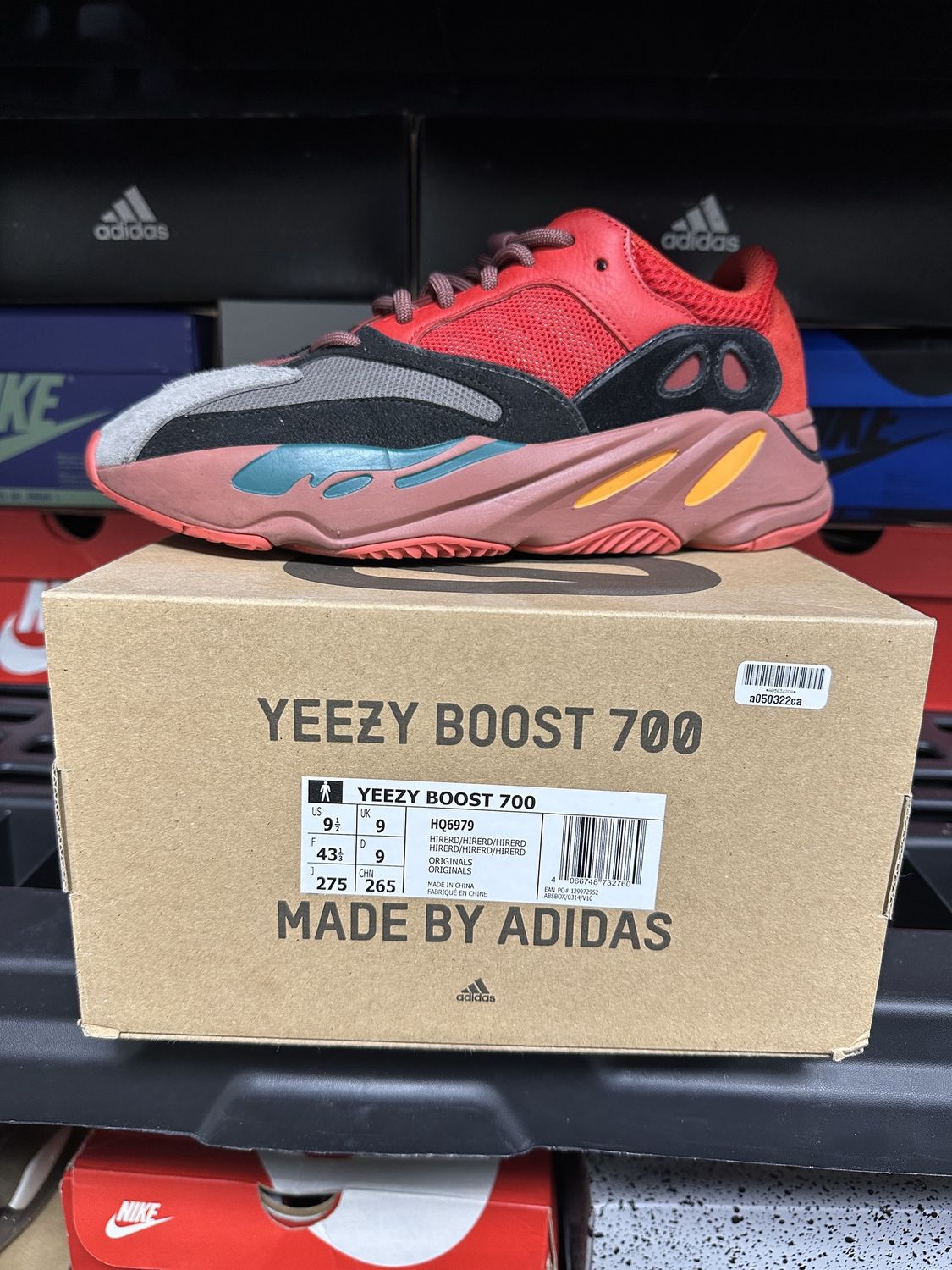 USED Sz-9.5-Adidas Yeezy Boost 700 Hi Res Red HQ6979