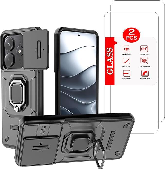 Case with 2 Tempered Glass Screen Protectors, Military-Grade Protective Armor, Lens Protector, Magnetic Kickstand Black