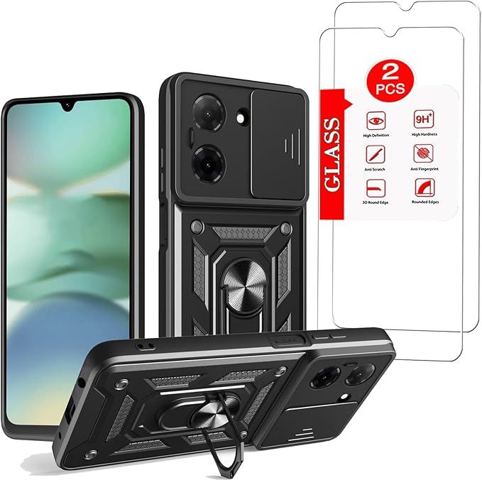 Case with [2 Pack] Tempered Glass Screen Protector [Military-Grade] Protective，with Lens Protects Magnetic Kickstand Mount Holder Black