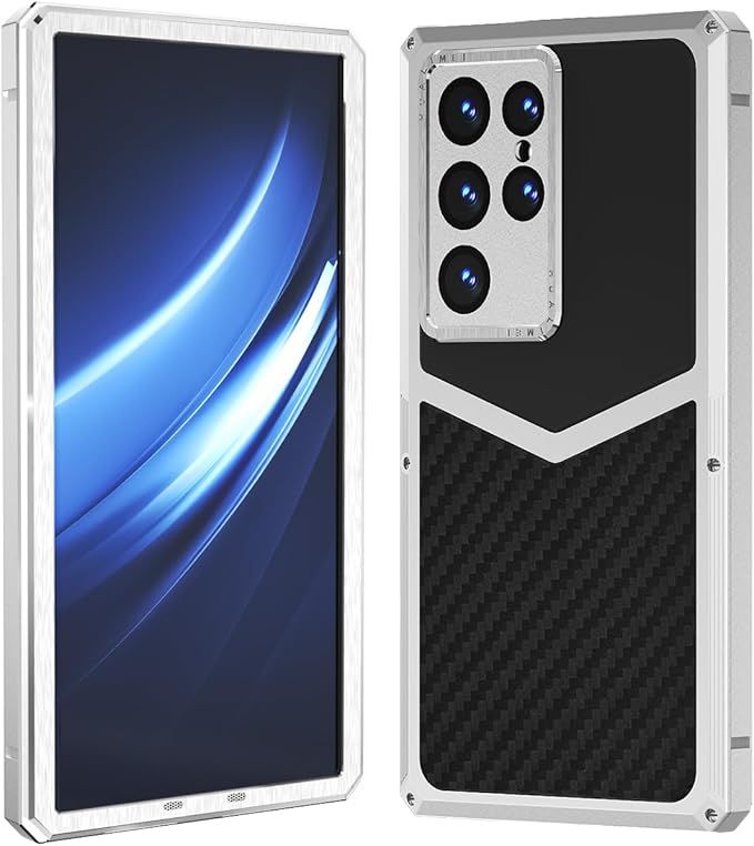 Carbon Fiber with Aluminum Case, Military Shockproof Protective Phone Cover Full Body Heavy Duty Protection for Men Silver