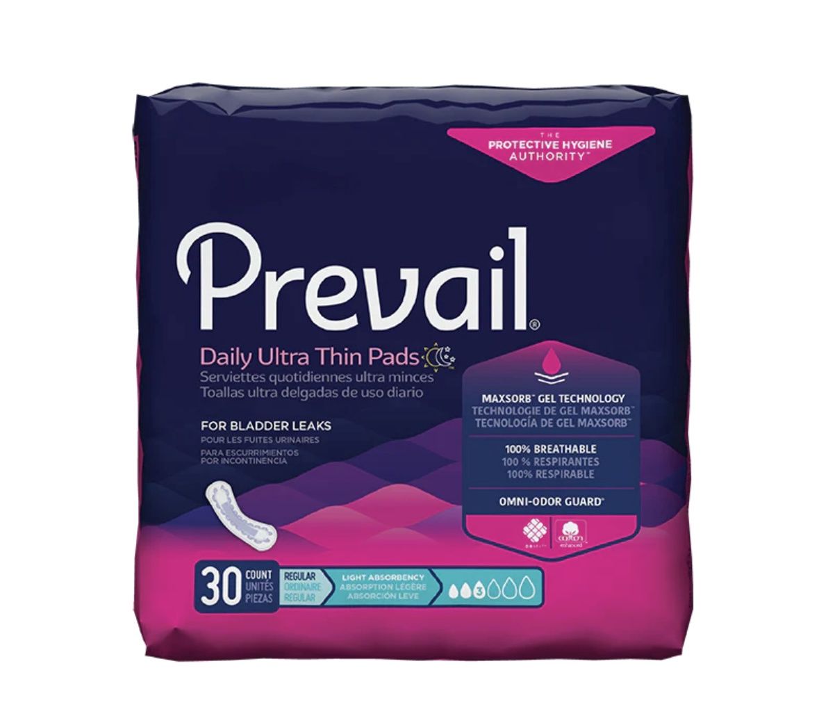 Prevail Bladder Control Pads Light bag of 30 &amp;9 case of 90