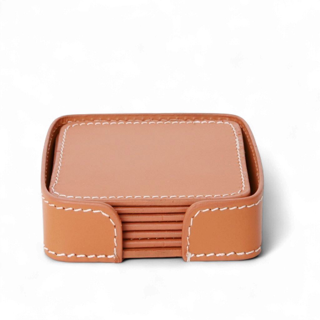 Glass Coaster Leather - Square, Color: Natural