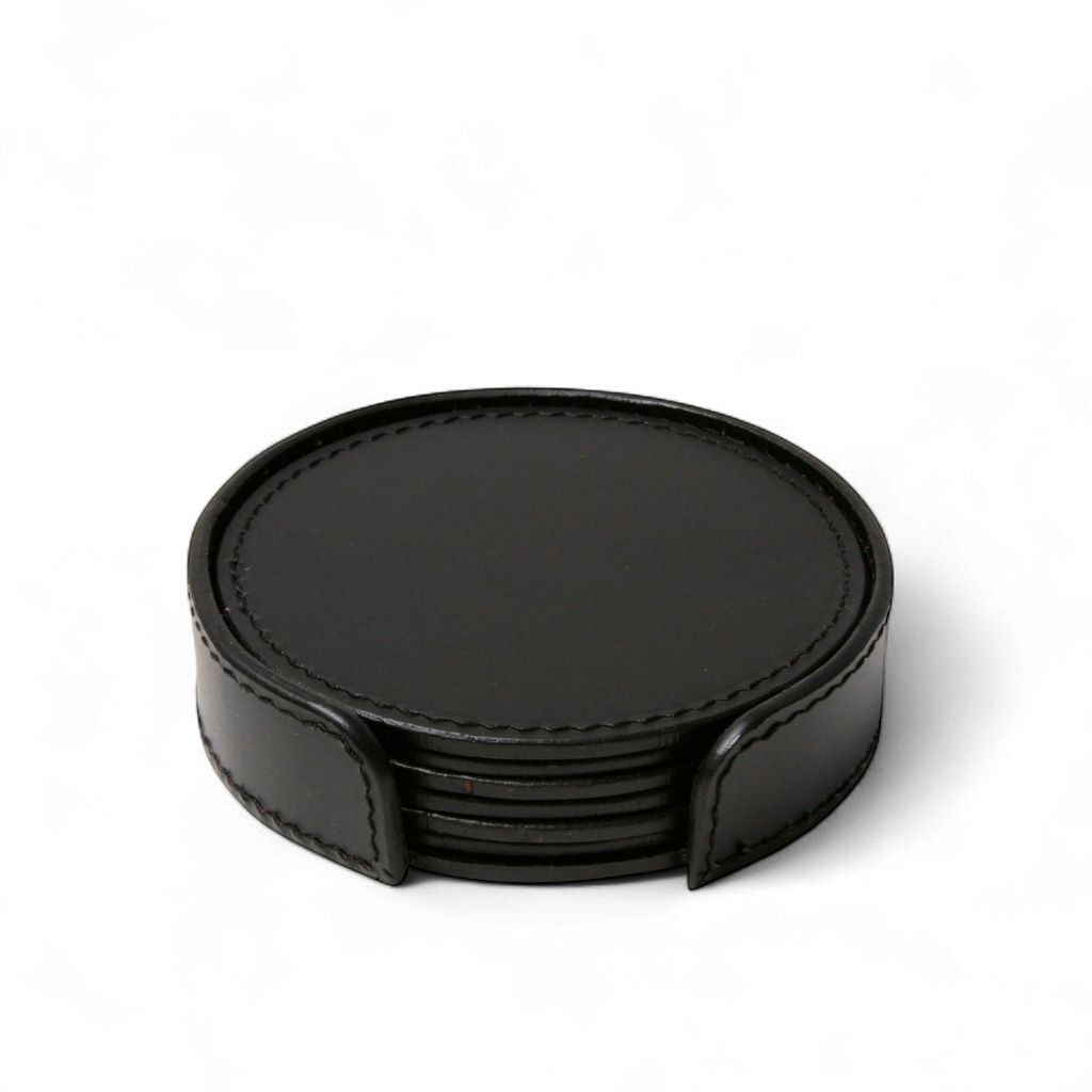 Glass Coaster Leather - Black Round