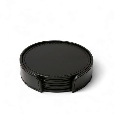 Glass Coaster Leather - Black Round