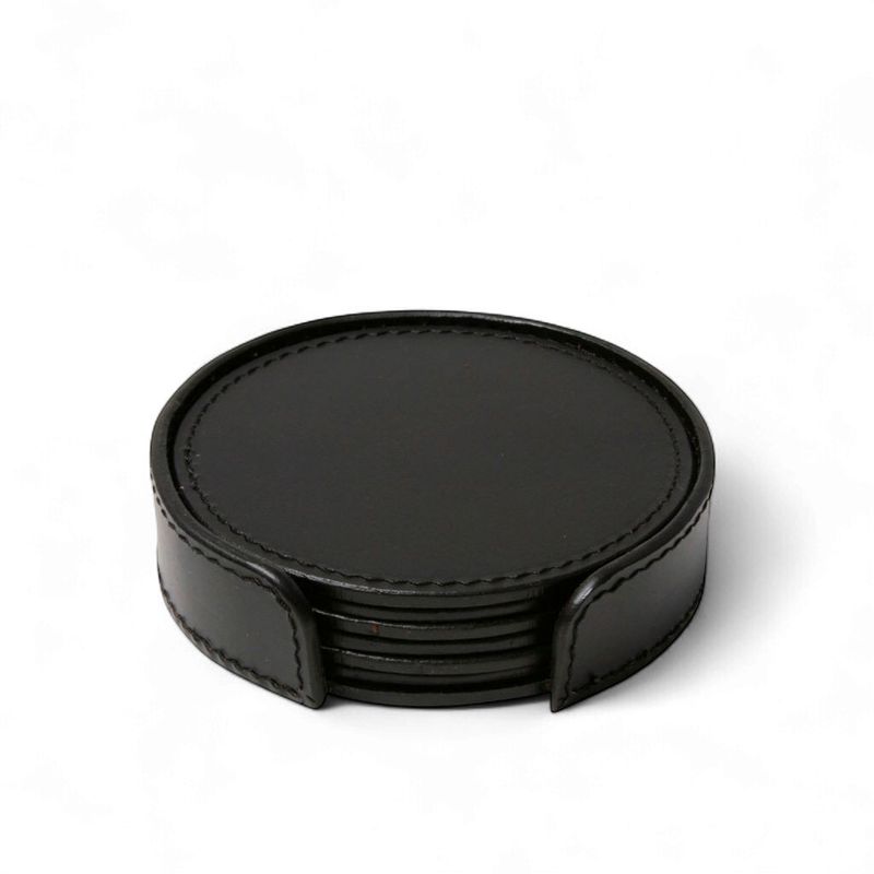 Glass Coaster Leather - Black Round