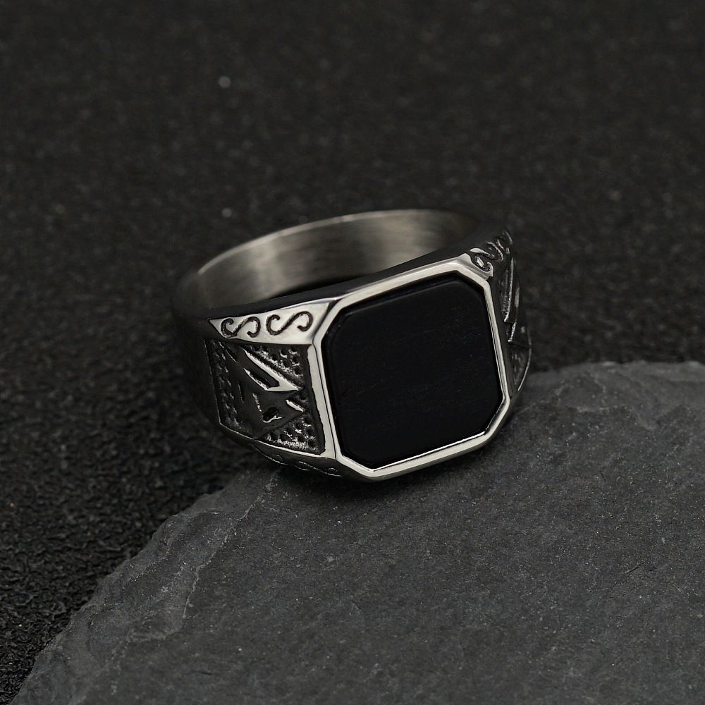 Square Ring - Steel Men, Color: Black Agate, Size: 10 (19.8mm)