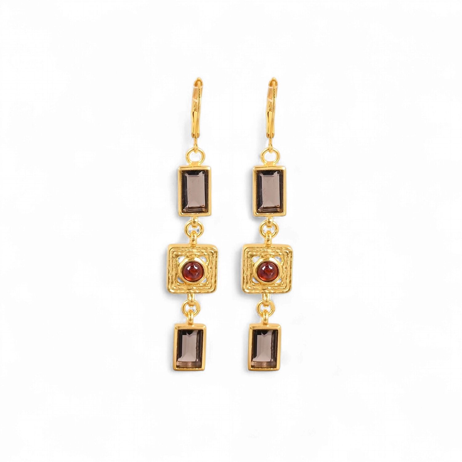 Earrings Linear Realm, Model: Smokey Quartz + Garnet